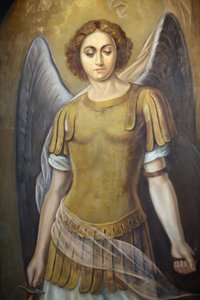 Dipinto di un angelo nella chiesa ortodossa greca di Aya Triada