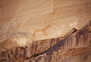 Figure di animali, pitture rupestri di artisti Navajo, Canyon de Chelly National Monument, Riserva Indiana Navajo, Arizona, USA da Benjamin Baud