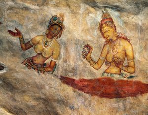 Apsaras, ninfe celesti che offrono fiori, affresco, cittadella fortificata di Sigiriya (Lista del Patrimonio Mondiale UNESCO)