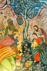 Chiesa Apostolica Armena; murale; Adorazione dei Magi; Gesù Cristo; Maria e Giuseppe; i Tre Re Magi offrono doni; Chiesa di Betlemme o Chiesa di Bedkhem; distretto di Julfa o Jolfa; Isfahan; Iran; Asia