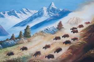 Arte; dipinto di un branco di yak sotto il monte Ama Dablam; vita di campagna; galleria a Kathmandu; Nepal; Asia da Unbekannt