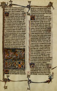 Leggenda arturiana (ricerca del Santo Graal): Benoic insegue i Sassoni e la battaglia di Danablaise, due miniature estratte dal manoscritto Storia di Merlino, datato tra il 1280-1290 da Unbekannter Künstler