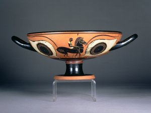 Coppa attica a figure nere con occhi, con decorazione aggiunta in rosso e bianco che raffigura un cavallo e un cavaliere, 480-450 a.C. (ceramica) da Unbekannt