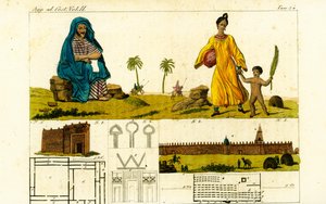 Auguste Rene Caillie che finge di studiare il Corano per disegnare la moschea a Timbuktu, Mali, con donna in abito di cotone e bambino nudo con foglia di palma da Unbekannt