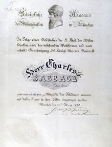 Diploma onorario di Babbage assegnato a Charles Babbage da Unbekannt