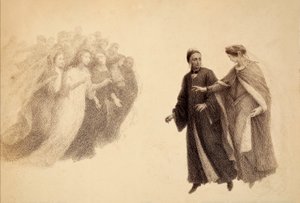 Beatrice, nel firmamento del Paradiso, indica a Dante un gruppo di anime. Illustrazione del Canto III del Paradiso della Divina Commedia di Dante Alighieri. Opera di Francesco Scaramuzza dedicata al Comune di Firenze.