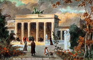Berlino - Porta di Brandeburgo. Vista della Porta di Brandeburgo, con fiori e passanti, fine XIX/XX secolo