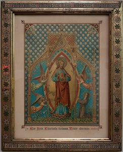 Bevere. Chiesa parrocchiale (Sint-Pietersbanden). Interno. Stampa devozionale colorata. Scuola di S. Luca Gent, Proprietà 1875, W Z Dreyt Brugge. Neogotico. da Unbekannt