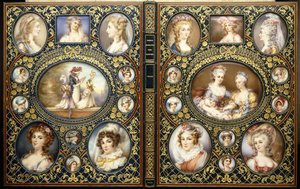 Rilegatura con ventiquattro miniature di ritratti, dal libro "Costumi caratteristici francesi" di Richard Brinsley Peake, 1816