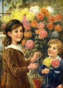 Ragazzo e ragazza che tagliano fiori nel giardino fuori dalla loro casa da Unbekannter Künstler