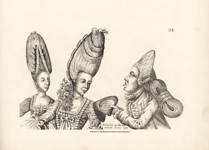 Caricatura delle mode della fine del XVIII secolo: donne con parrucche alte con giardino di fiori nel seno, e maccheroni con parrucca alta con massa di capelli stravagante legata dietro. Incisione su rame dopo un