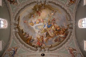 Dipinto del soffitto, fotografia interna, Chiesa parrocchiale cattolica di San Giorgio, Neustift, Valle dello Stubai, Tirolo, Austria, Europa da Unbekannter Künstler