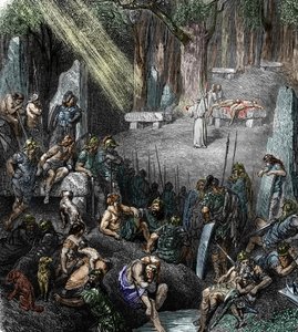 Antichità celtica: sacrificio umano durante una cerimonia presieduta da un druido alla presenza di famiglie e guerrieri in una foresta