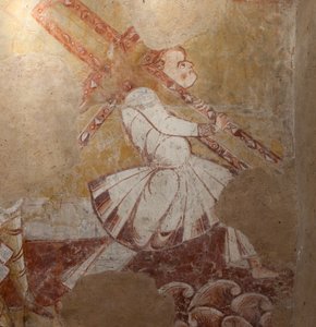 Chiesa (Église Saint-Martin). Interno. Affreschi. Parete nord del coro. (dettaglio) Simone di Cirene che porta la croce. XII secolo.