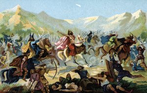 Clodoveo I (466-511), re dei Franchi, durante la battaglia di Tolbiac nel 496 contro la tribù germanica degli Alamanni, promise di convertirsi in caso di vittoria. Fine del XIX secolo (cromolitografia) da Unbekannter Künstler