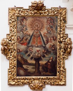 Chiesa collegiata. Interno. Dipinto. (Nuestra Señora de la Esperanza). Testo in un medaglione: “RETRA TOD LA MIL CROSA Imajen DNUESTRA S DL Esperanza A Parecida A Fernando de ZILLLa Faña iezi rodela Villa Riue mde el Tajo ter mi?to esta villa”. Firmato ? e da Unbekannt