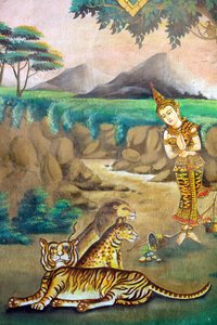 Compassione per gli animali. Dipinto che raffigura la storia della vita di Shakyamuni Buddha. Wat Naxai. Vientiane. Laos, 20151106, Vientiane, Laos