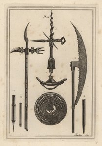 Rondella concava 1,2, ascia da battaglia 3,4, ascia da palo 5,6, e curiosa arma antica usata dagli inglesi contro gli scozzesi 7,8 da Unbekannt