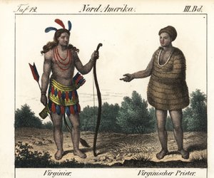 Costume degli indiani Powhatan della Virginia (USA): un guerriero e un sacerdote di Secota. Litografia per il libro: “Galerie complete en tableaux fideles des peuples d