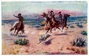 Cowboy a cavallo che legano un lupo