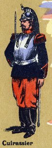 Corazziere in uniforme da soldato. Alfabeto illustrato. Imagerie riunite a Jarville-Nancy, inizio XX secolo. Dim: 40 x 29 cm. Litografia su sfondo bistro