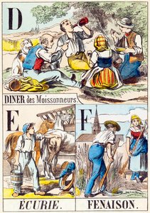 D E F : Pranzo dei mietitori, Scuderia, Fienagione - "Alfabeto della fattoria" fine XIX secolo (incisione)