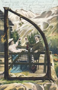 D : Un uomo e una donna seduti a un tavolo davanti a uno chalet di montagna brindano, un bicchiere di vino in mano - Alfabeto personaggi Rif Th. E., L. Theochrom - Serie 994. Theodor Eisman, editore, Lipsia