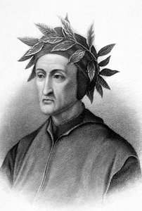 Dante Alighieri (1265-1321) scrittore italiano (Divina Commedia), qui incoronato con alloro, incisione