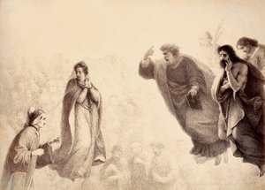 Dante e Beatrice davanti agli spiriti luminosi degli apostoli Pietro, Giacomo e Giovanni. Pietro ha il braccio alzato in segno di ira. Illustrazione del Canto XXVII del Paradiso della Divina Commedia di Dante Alighieri. Opera di Francesco Scaramuzza