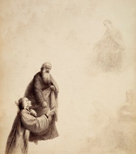 Dante, assistito da San Bernardo, vede Beatrice seduta su un trono tra i beati, in un alone di luce. Illustrazione del Canto XXXI del Paradiso della Divina Commedia di Dante Alighieri. Opera di Francesco Scaramuzza dedicata al Comune di Firenze.