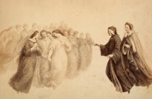 Dante insieme a Beatrice e agli spiriti beati. Illustrazione del Canto XXXIII del Paradiso della Divina Commedia di Dante Alighieri. Opera di Francesco Scaramuzza dedicata al Comune di Firenze.