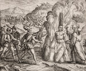 Descrizione dei crimini inflitti agli indiani dai coloni spagnoli - Conquistadores che bruciano sul rogo un indiano che si rifiutava di convertirsi alla fede cattolica. Religiosi dell