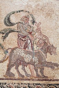 (dettaglio) Il trionfo di Dioniso - Ritorno del dio da una spedizione militare in India - Sileno che tiene le redini delle pantere - Mosaici di Paphos, Casa di Dioniso, Fine del II secolo d.C. - Cipro da William M. Timlin