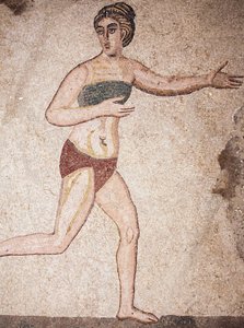 Dettaglio della Camera delle Dieci Fanciulle o del mosaico delle "Ragazze in Bikini". Corrente. III - IV secolo. Villa Romana del Casale, Sicilia. Sito UNESCO