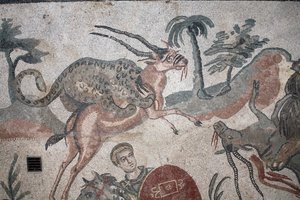 Dettaglio del mosaico della grande caccia. Un leopardo attacca una gazzella. III - IV secolo. Villa Romana del Casale, Sicilia. Sito UNESCO.
