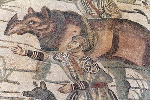 Dettaglio del mosaico della grande caccia. Un rinoceronte viene condotto su una barca per essere trasportato al porto più vicino. III - IV secolo. Villa Romana del Casale, Sicilia. Sito UNESCO. da William M. Timlin