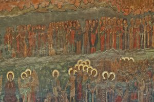 Europa, ROMANIA, Bucarest, Cattedrale Ortodossa Patriarcale (1656), affresco murale accanto all