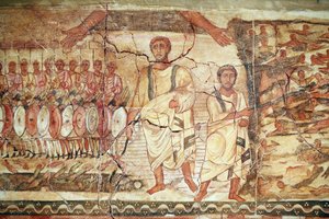 Esodo e attraversamento del Mar Rosso, affresco proveniente dalla Sinagoga di Doura Europos, 244-245, conservato al Museo Nazionale di Damasco. Foto scattata al Museo Ebraico di New York durante una mostra.