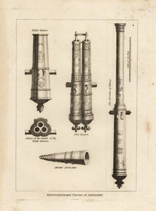 Pezzi straordinari di artiglieria: vista e sezione della culverina di Nancy, un cannone triplo, un cannone gemello e un antico pezzo a vite da Unbekannt