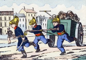 Vigili del fuoco. Incisione in "Alphabet militaire enfantin". Immagini di Pont-a-Mousson, circa 1890. 20 pagine. da Unbekannt