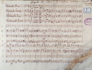 Prima pagina dello spartito per quattro violoncelli della Sinfonia n. 7 in La maggiore, op. 92, di Ludwig van Beethoven da Unbekannter Künstler