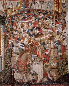 Arazzo fiammingo. Serie La Guerra di Troia. Morte di Achille. Ottavo arazzo della serie. Modello Maestro di Coëtivy (Henry o Conrard de Vulcop). Manifattura laboratori di Tournai. Ca 1470. Tessuto lana e seta, 6/7 trame per cm. Dimensioni 482 x 942 cm da Unbekannt