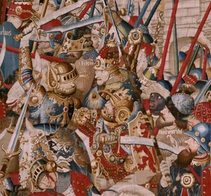 Arazzo fiammingo. Serie La Guerra di Troia. La Tenda di Achille. Sesto arazzo della serie. Modello Maestro di Coëtivy (Henry o Conrard de Vulcop). Manifattura laboratori di Tournai. Ca 1470. Tessuto lana e seta, 6/7 trame per cm. Dimensioni 467 x 690 da Unbekannt