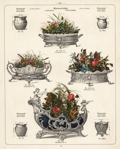Portafiori, piatti per fiori, vasi e fioriere. Litografia da un catalogo di prodotti metallici fabbricati dalla Wuerttemberg Metalware Factory, Geislingen, Germania