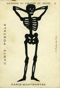 Francia, Ile-de-France, Parigi (75): Pubblicità del cabaret du Neant di Montmartre che rappresenta uno scheletro ritagliato da Unbekannter Künstler