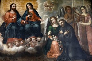 Museo Fray Pedro Gocial nel convento di San Francisco, Quito, Ecuador. Dipinto che raffigura Gesù e Maria che appaiono a San Francesco