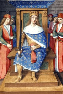Re francese Luigi IX (San Luigi, 214-1270, re dal 1226 al 1270) sul suo trono, illuminazione francese
