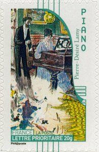 Francobollo francese raffigurante una pianista, da un dipinto dell