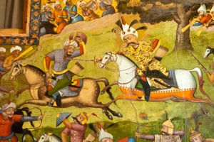 Affresco; Shah Ismail a cavallo bianco nella battaglia di Taher Abad; 1510; contro gli Uzbeki a Merv; Chehel Sotoun; Palazzo delle Quaranta Colonne; Isfahan; Iran; Asia da Unbekannt