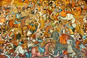 Affresco; battaglia di Nadir Shah nella Battaglia di Karnal; 1739; a cavallo; contro il Sultano Mohammed Shah Gurkani su un elefante bianco; Chehel Sotoun; Palazzo delle Quaranta Colonne; Isfahan; Iran; Asia da Unbekannt